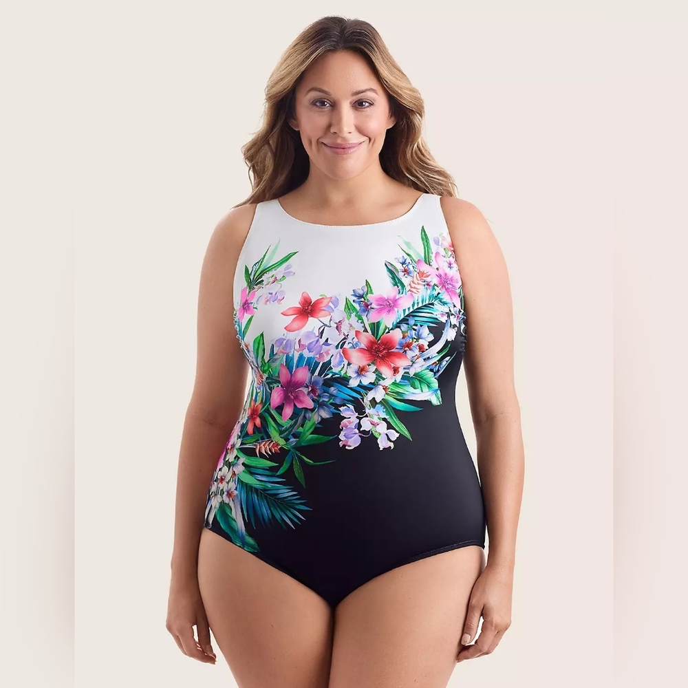 Longitude Black White Pink Floral Scoopback Highneck Long Torso One-Piece 22W - Picture 6 of 8